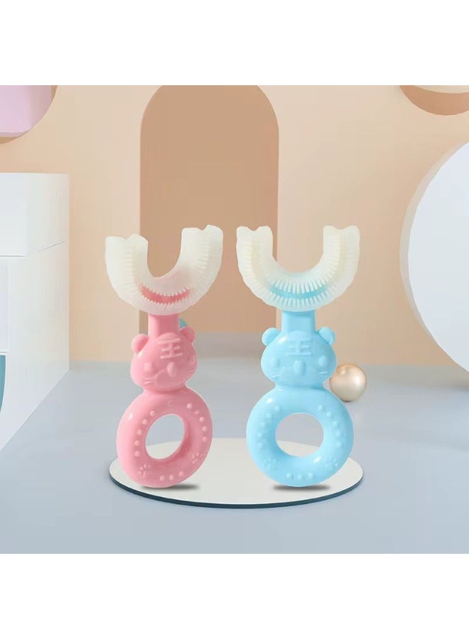 فرشاة أسنان على شكل حرف U بشعيرات سيليكون ناعمة لنظافة فموية 360°، فرشاة أسنان للأطفال من 2 إلى 6 سنوات - قطعتين (ازرق وبمبى) - Image 2